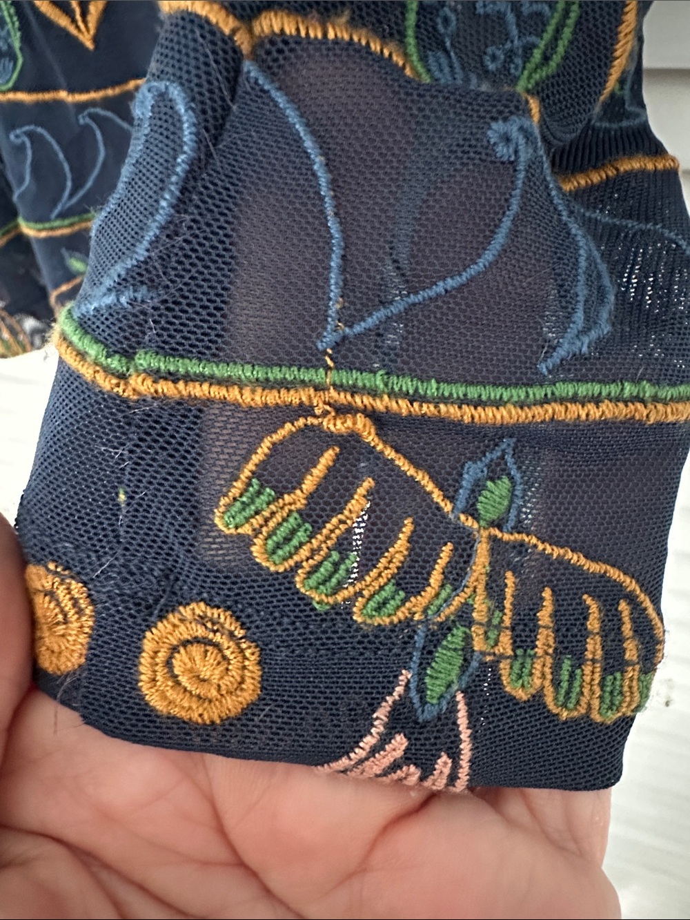 Johnny Was-Jade-Kaia mesh tee stretch Del Mar navy Embroidery elbow sleeve Sz S - Picture 12 of 15